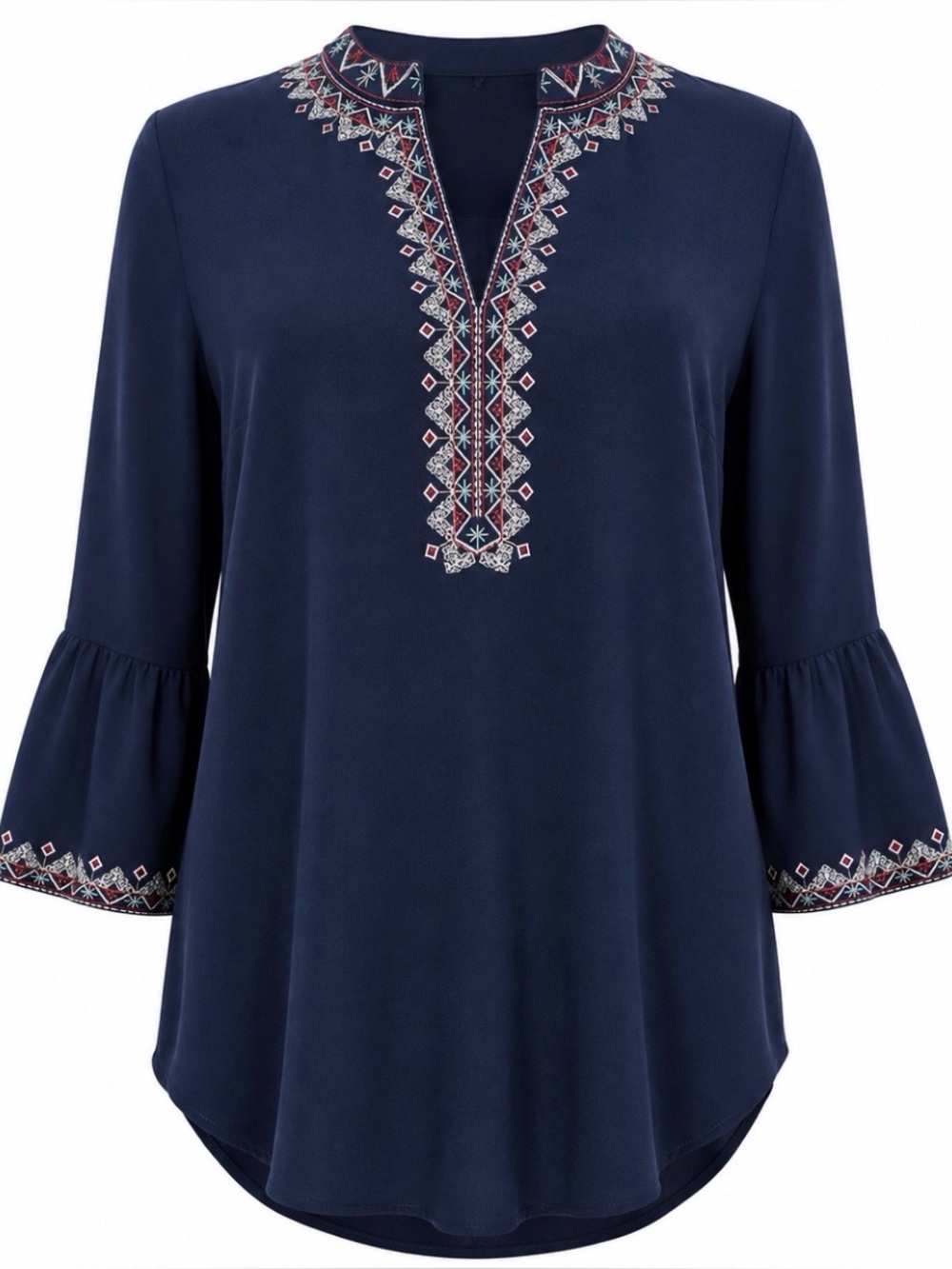 Navy Blue Boho Embroidered Peasant Tunic Blouse V-Neck Bell Sleeve Top Size L